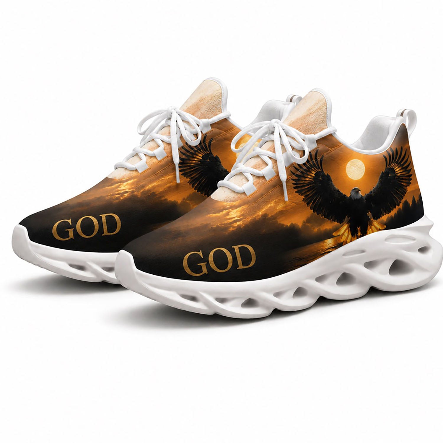 Angled pair of personalized Christian faith sneakers with flying eagle graphic and bold God text on white soles