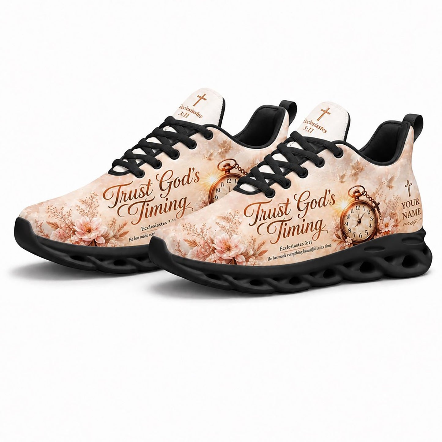 Pair of personalized Christian faith sneakers featuring a vintage floral clock print with dynamic black soles