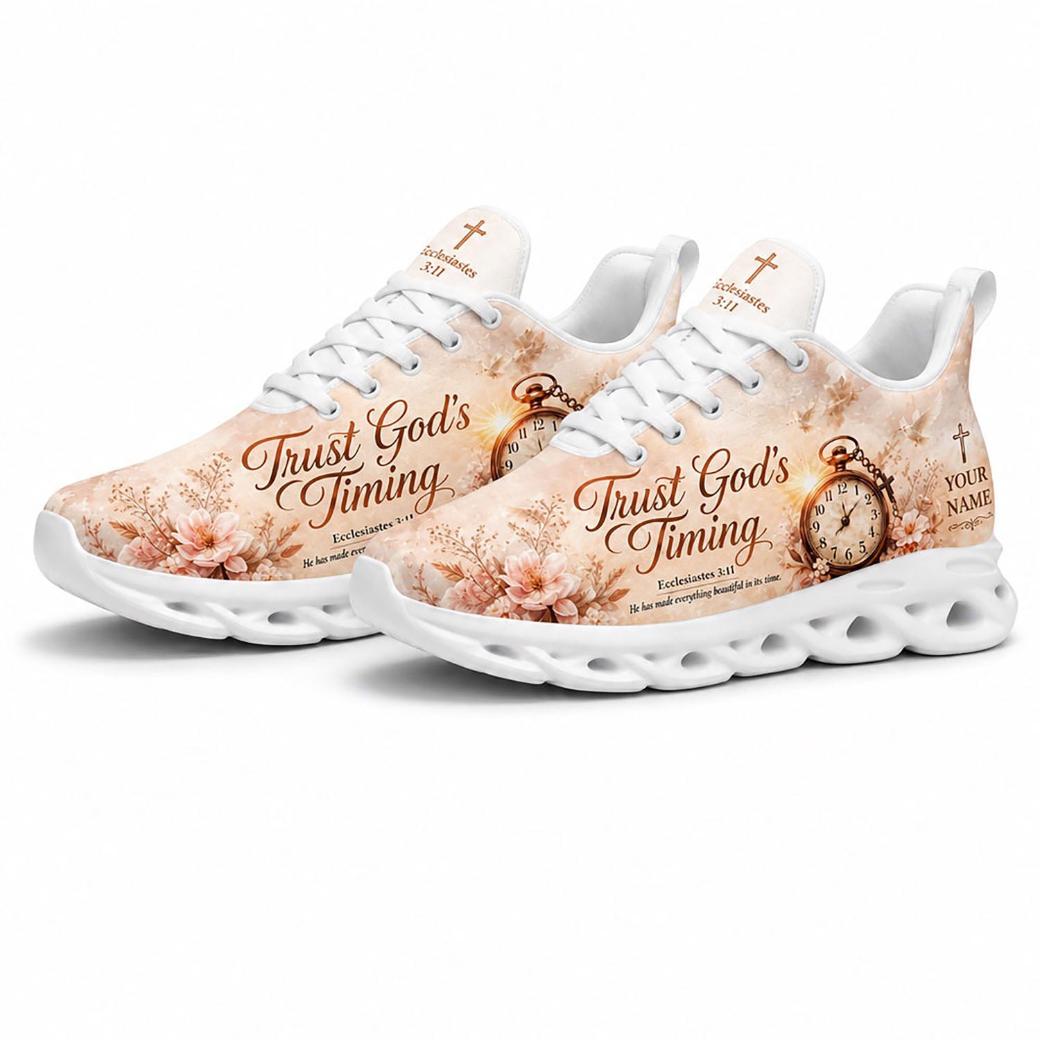 Angled pair of personalized Christian faith sneakers with pocket watch graphic and scripture on white soles