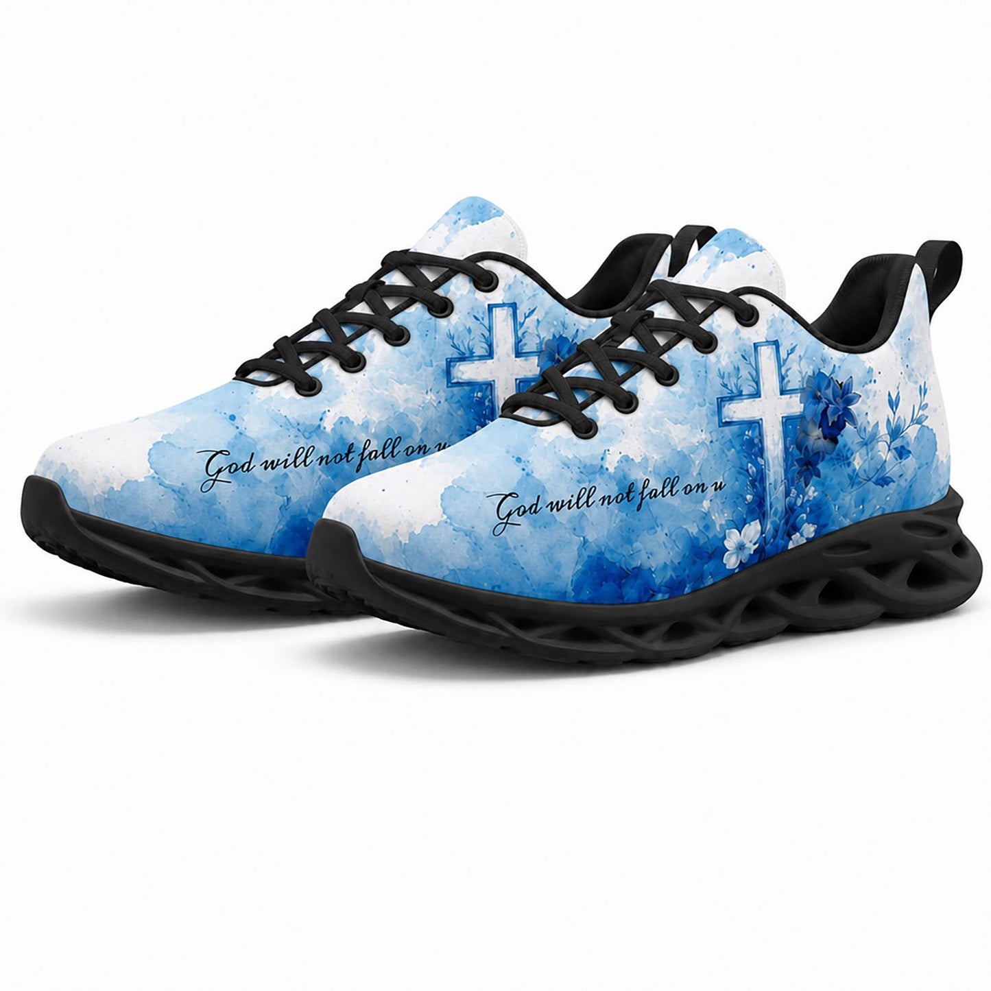 Pair of personalized Christian floral cross sneakers featuring a blue watercolor print with dynamic black soles