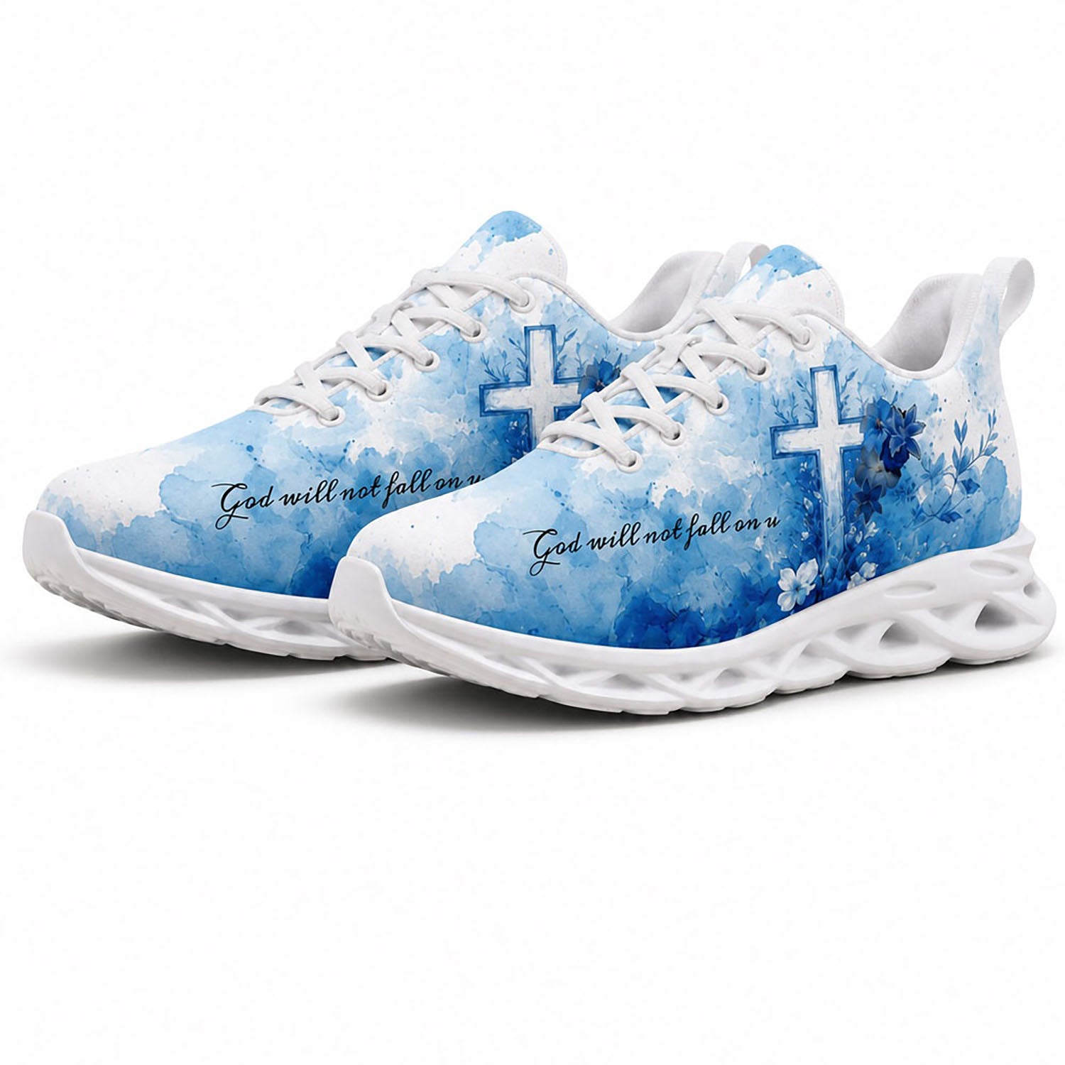 Angled pair of personalized Christian floral cross sneakers with blue hydrangea graphics on white soles