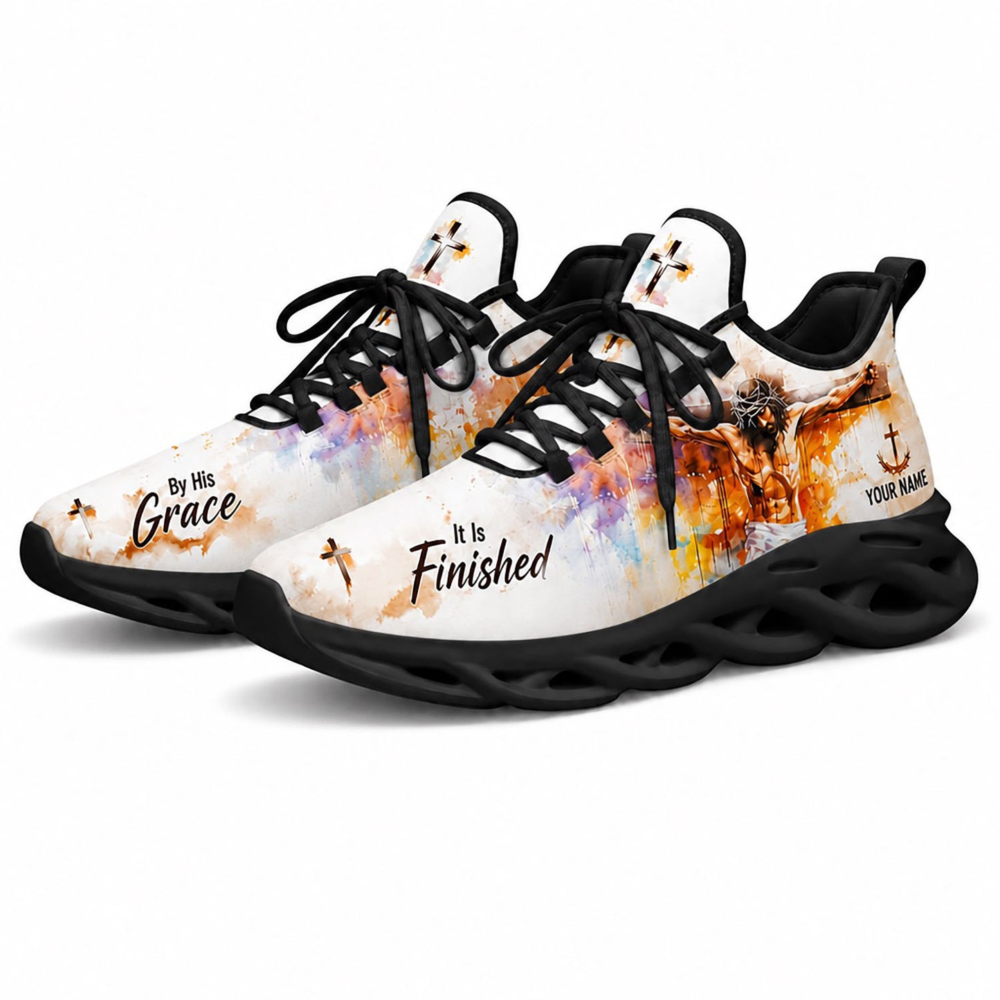 Pair of personalized Christian grace sneakers featuring holy cross abstract art with dynamic black soles