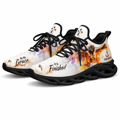Pair of personalized Christian grace sneakers featuring holy cross abstract art with dynamic black soles