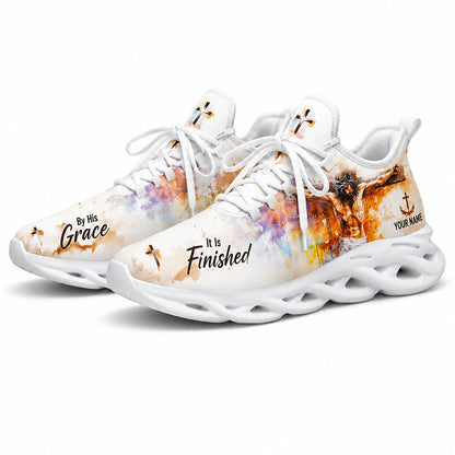 Angled pair of personalized Christian grace sneakers with Jesus on the cross illustration and custom text option on white soles
