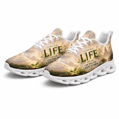 Angled pair of personalized Christian Jesus sneakers with divine morning landscape and custom name option on white sole