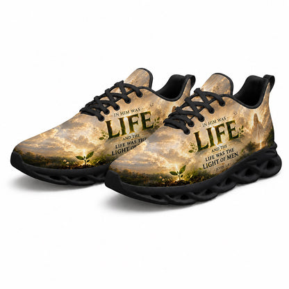 Pair of personalized Christian Jesus sneakers featuring a sacred light of men religious print with custom name text on black soles