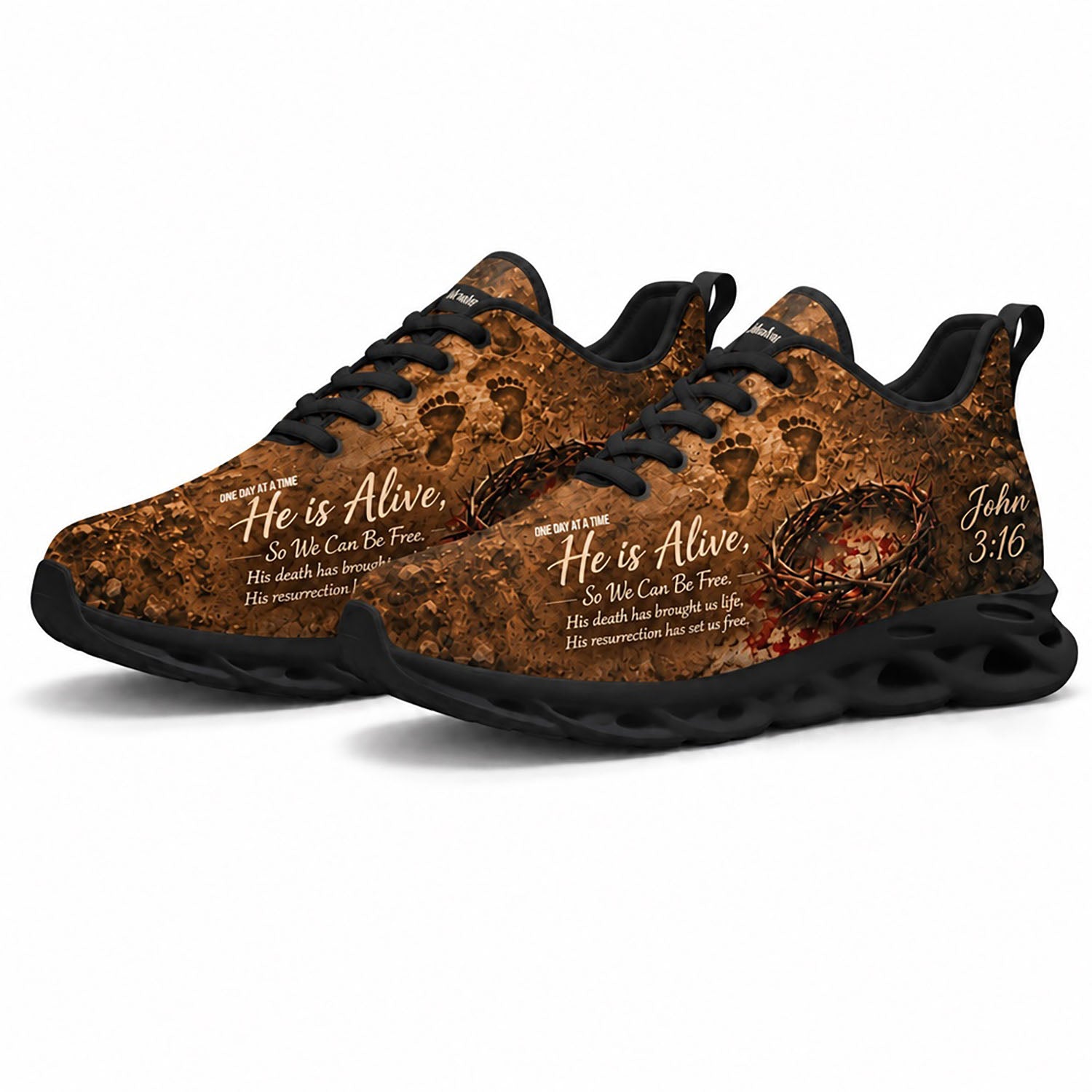 Pair of personalized Christian resurrection sneakers featuring a rugged earthen print with dynamic black soles