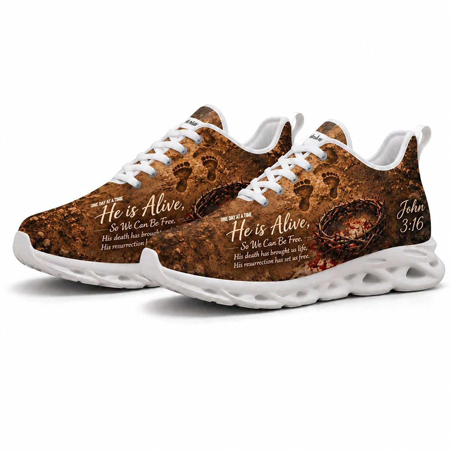 Angled pair of personalized Christian resurrection sneakers with muddy texture prints and religious typography on white soles