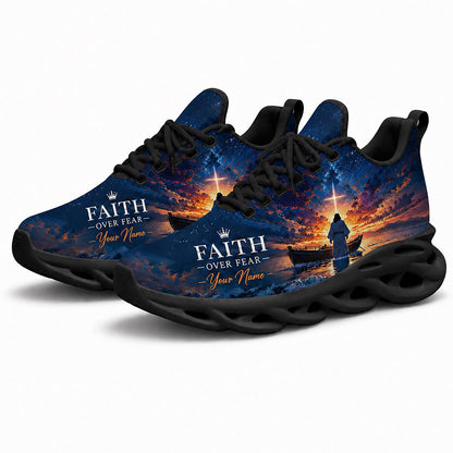 Pair of personalized Christian sneakers featuring a divine sunset sea print with dynamic black soles