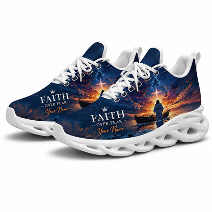 Angled pair of personalized Christian sneakers with Jesus and storm boat graphic on white soles
