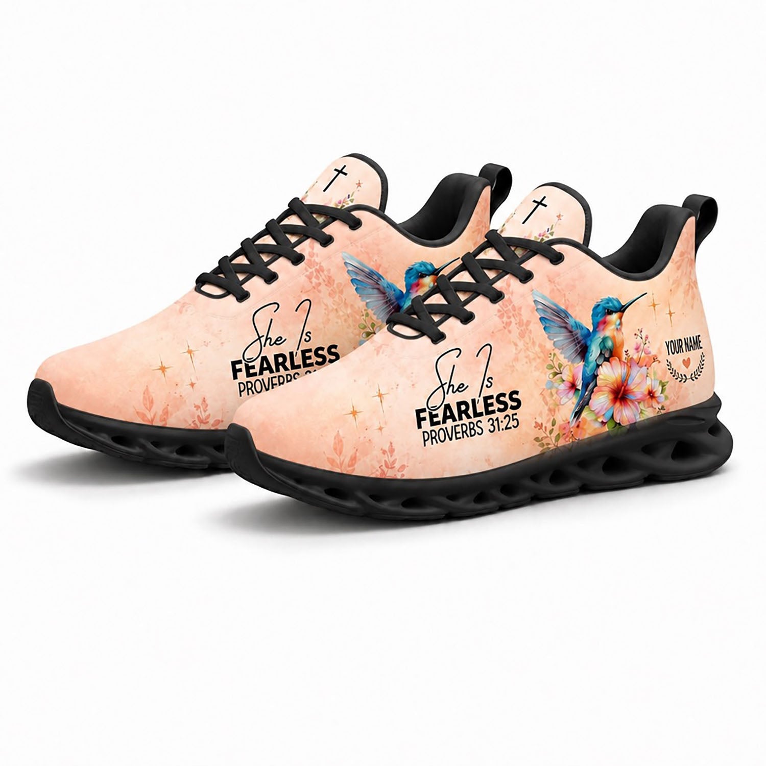 Pair of personalized Christian sneakers featuring a peach tone floral bird print with dynamic black soles