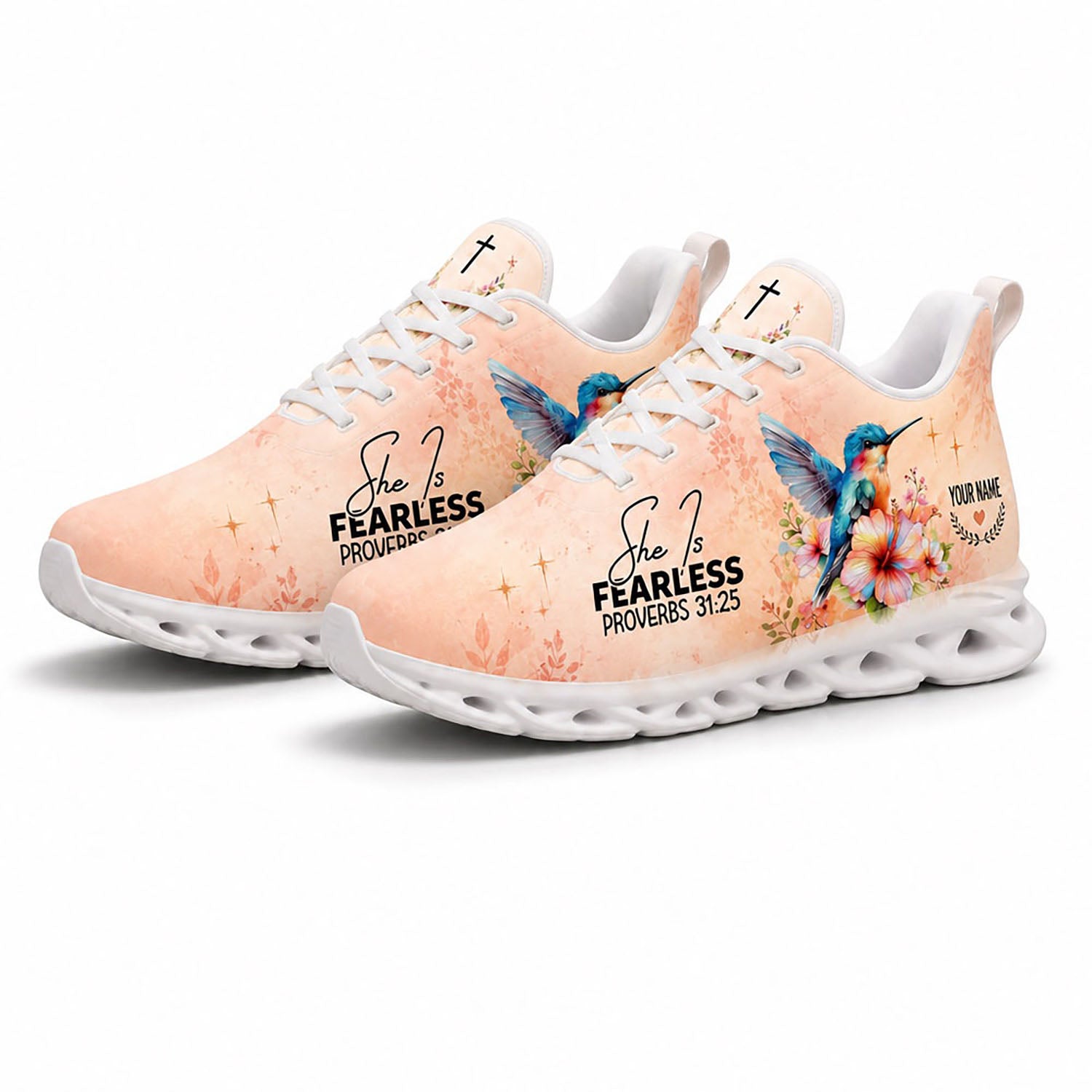 Angled pair of personalized Christian sneakers with hummingbird floral art and scripture on white soles