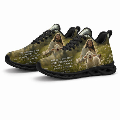 Pair of personalized Christian sneakers featuring a biblical pasture print with dynamic black soles
