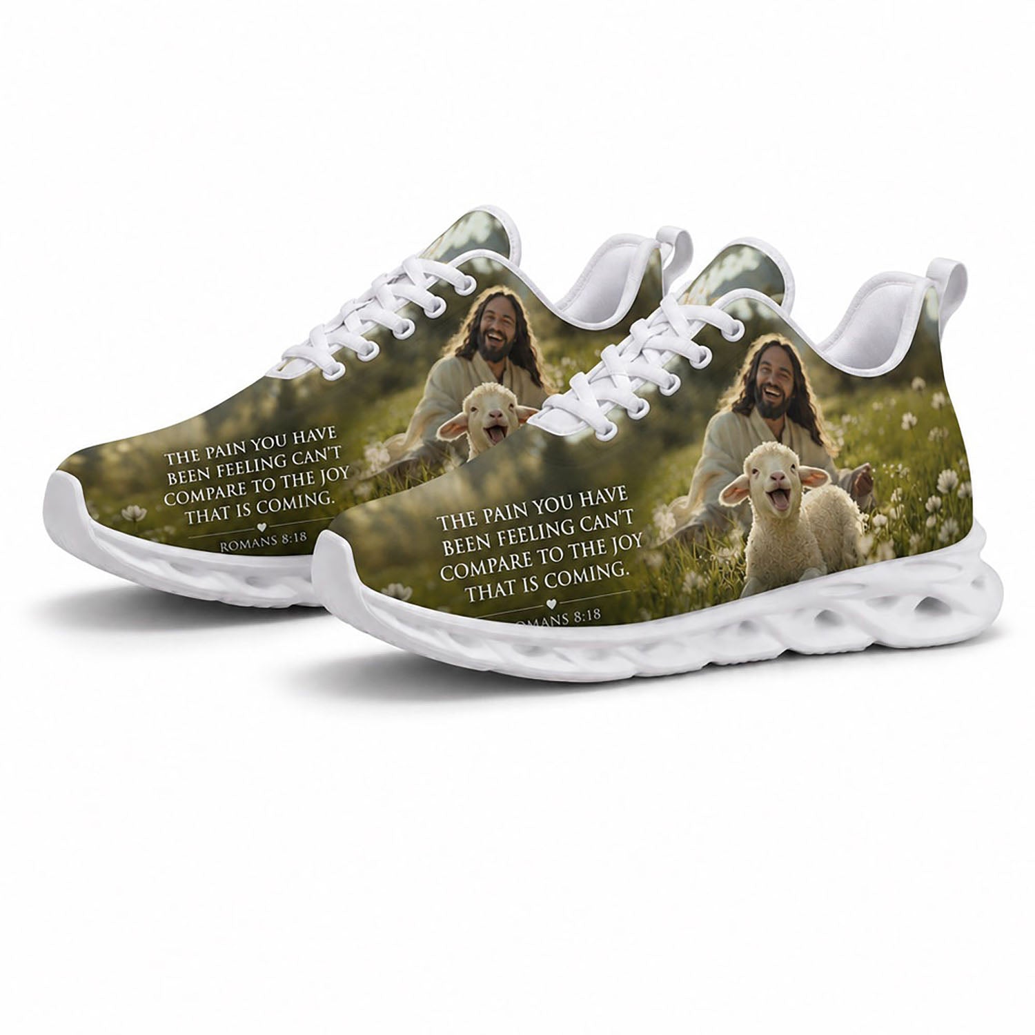 Angled pair of personalized Christian sneakers with Jesus and smiling lamb artwork on white soles
