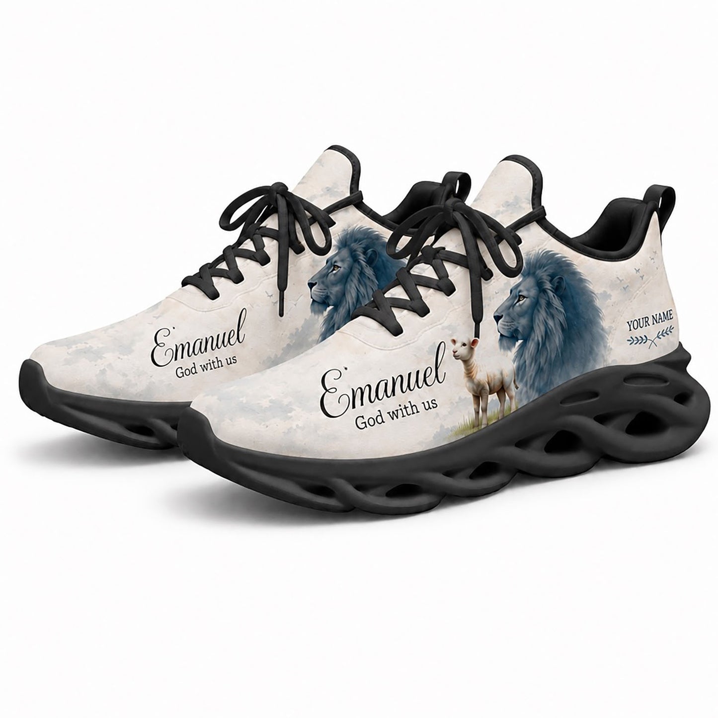 Pair of personalized Christian sneakers featuring the prophecy of lion and lamb print with dynamic black soles
