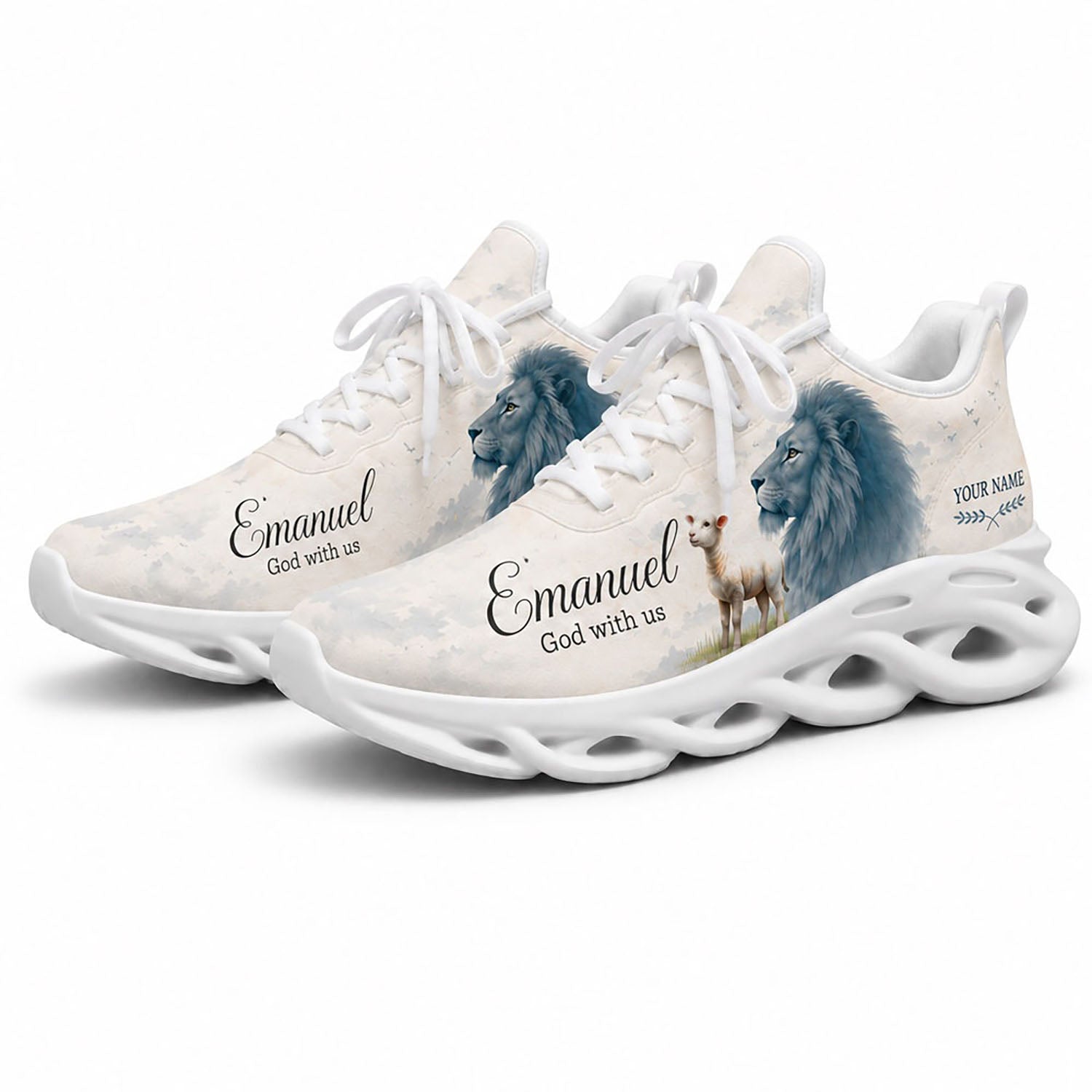 Angled pair of personalized Christian sneakers with blue tone lion and lamb graphic on white soles