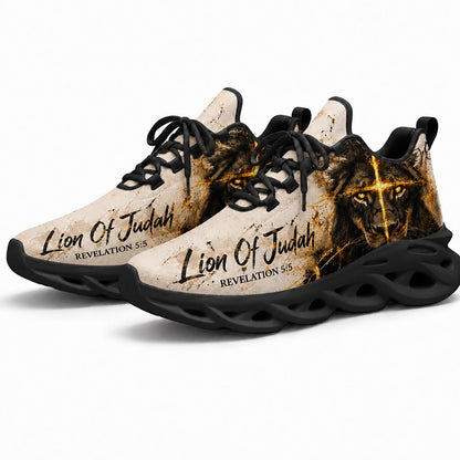 Pair of personalized Christian sneakers featuring epic biblical lion art with dynamic black soles and custom text
