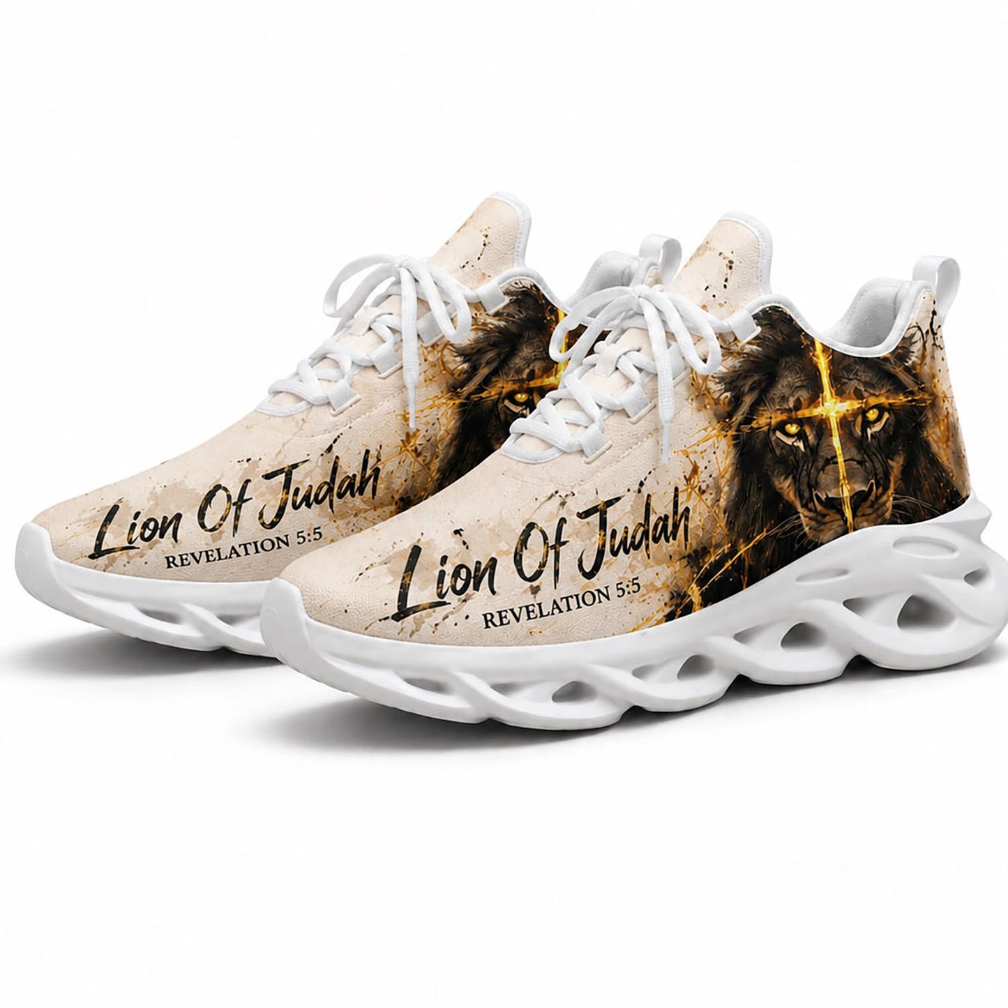 Angled pair of personalized Christian sneakers with fierce Lion of Judah graphic and golden cross eyes on white sole