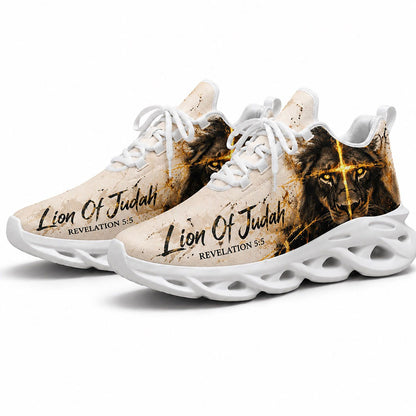 Angled pair of personalized Christian sneakers with fierce Lion of Judah graphic and golden cross eyes on white sole
