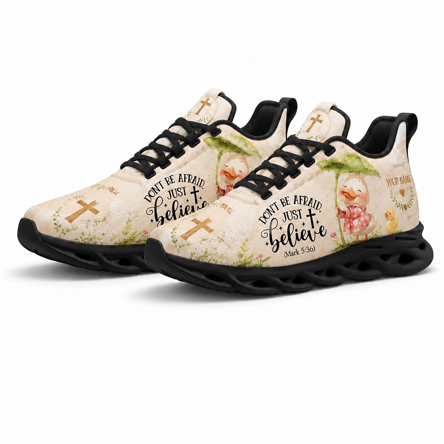 Pair of personalized cute Christian sneakers featuring a pastel cream tone duck print with dynamic black soles