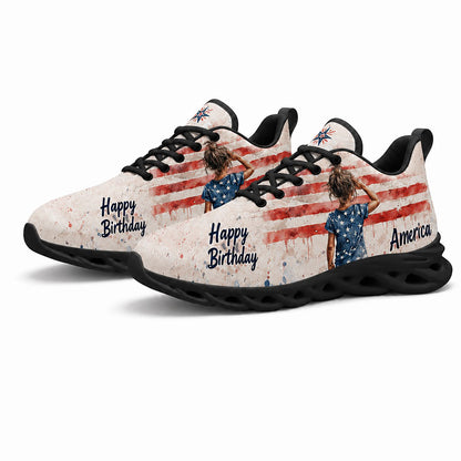 Pair of personalized patriotic sneakers featuring USA stars and stripes watercolor print with dynamic black soles
