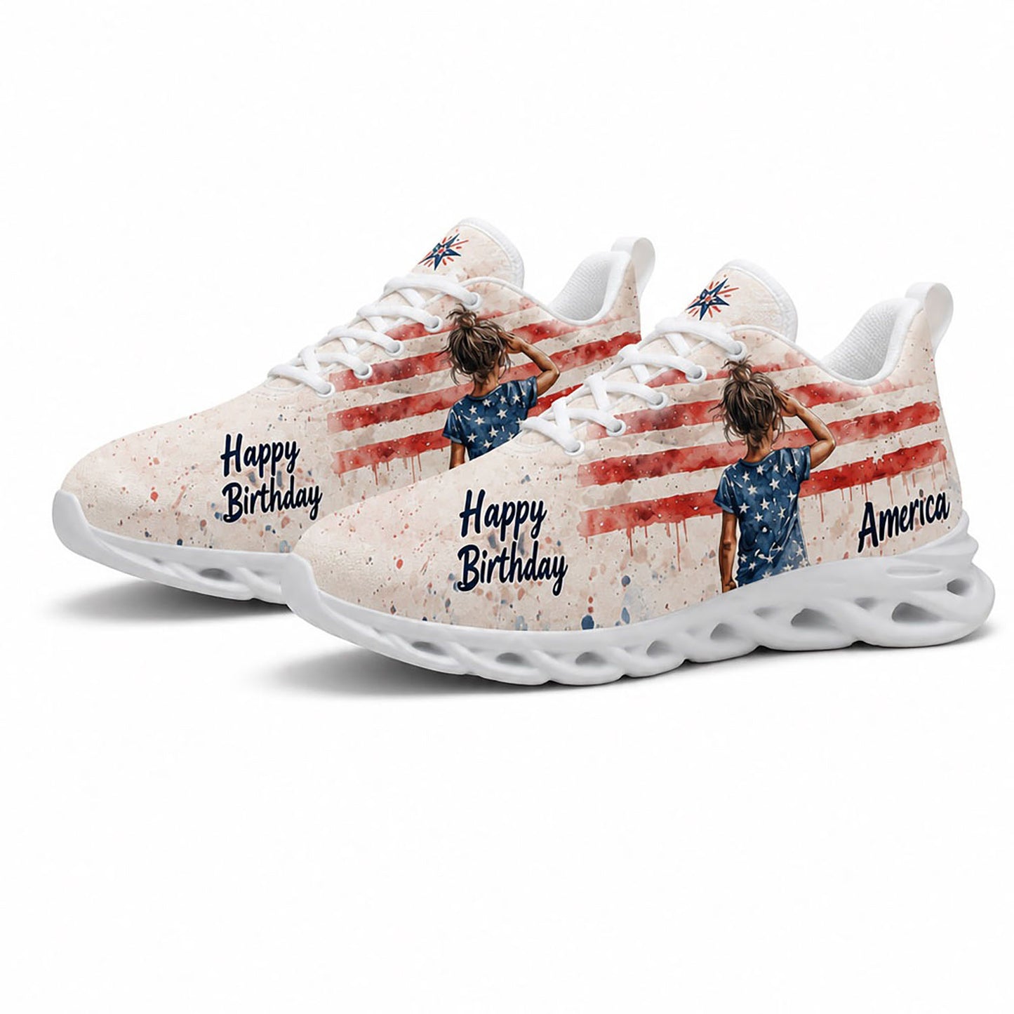 Angled pair of personalized patriotic sneakers with American flag background and saluting girl on white soles