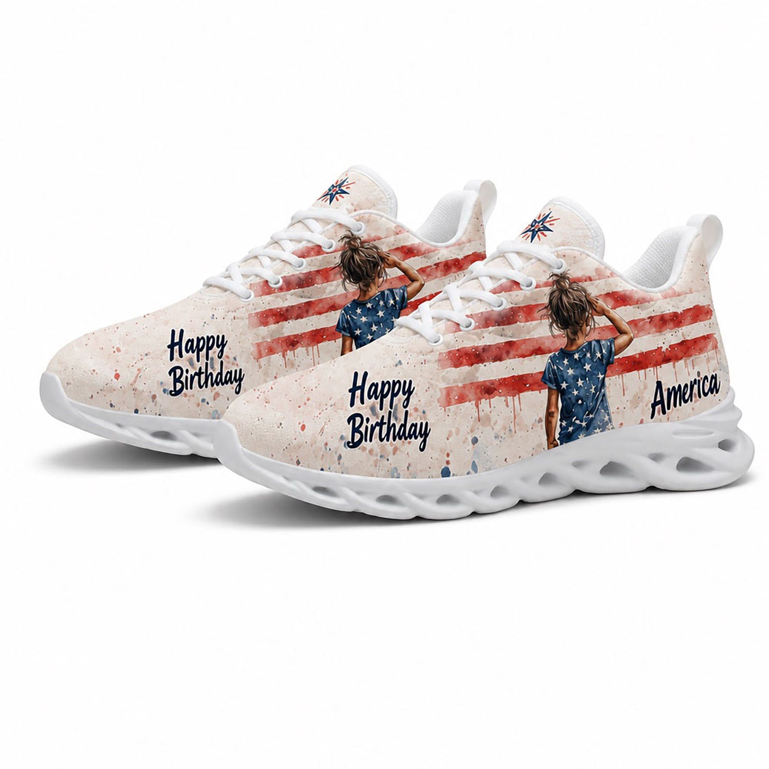 Angled pair of personalized patriotic sneakers with American flag background and saluting girl on white soles
