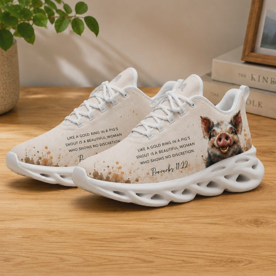 Product video showcase of Proverbs 11 22 Gold Ring In A Pigs Snout Max Soul Shoes highlighting textures and close-up text