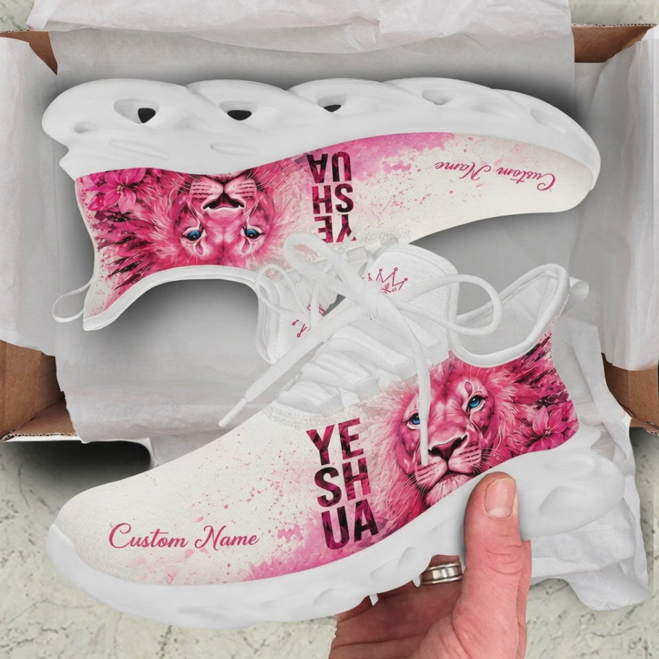 Product showcase video of Custom Name Yeshua Lion of Judah Max Soul Shoes, demonstrating the vivid pink watercolor textures, bold Yeshua block typography, blue-eyed lion graphics, and personalizable name zones