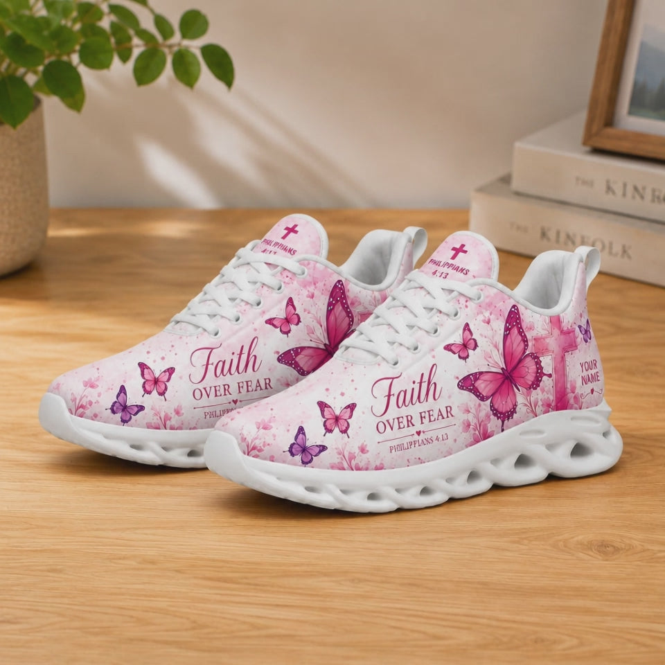 Product video showcase of Custom Name Faith Over Fear Philippians 4:13 Max Soul Shoes highlighting fabric textures and custom name text