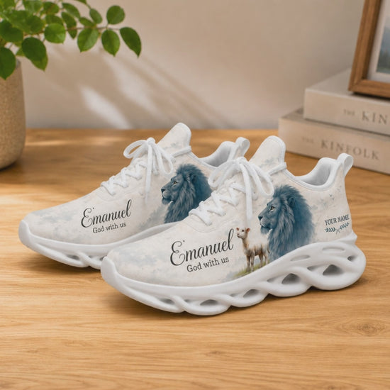 Product video showcase of Custom Name Emmanuel Lion and Lamb Max Soul Shoes highlighting text personalization