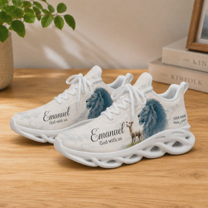 Product video showcase of Custom Name Emmanuel Lion and Lamb Max Soul Shoes highlighting text personalization