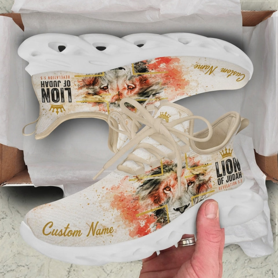 Product showcase video of Custom Name Revelation 5:5 Max Soul Shoes, demonstrating the vibrant orange and red watercolor paint splatters, bold "Lion of Judah" text graphics, and personalizable name zones