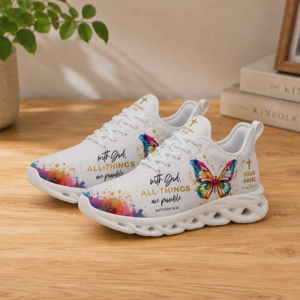 Product video showcase of Custom Name Matthew 19:26 Max Soul Shoes highlighting paint textures and custom name fields