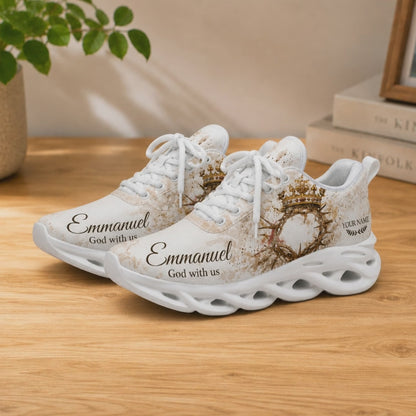 Product video showcase of Custom Name Emmanuel God With Us Max Soul Shoes highlighting fabric texture and custom name print
