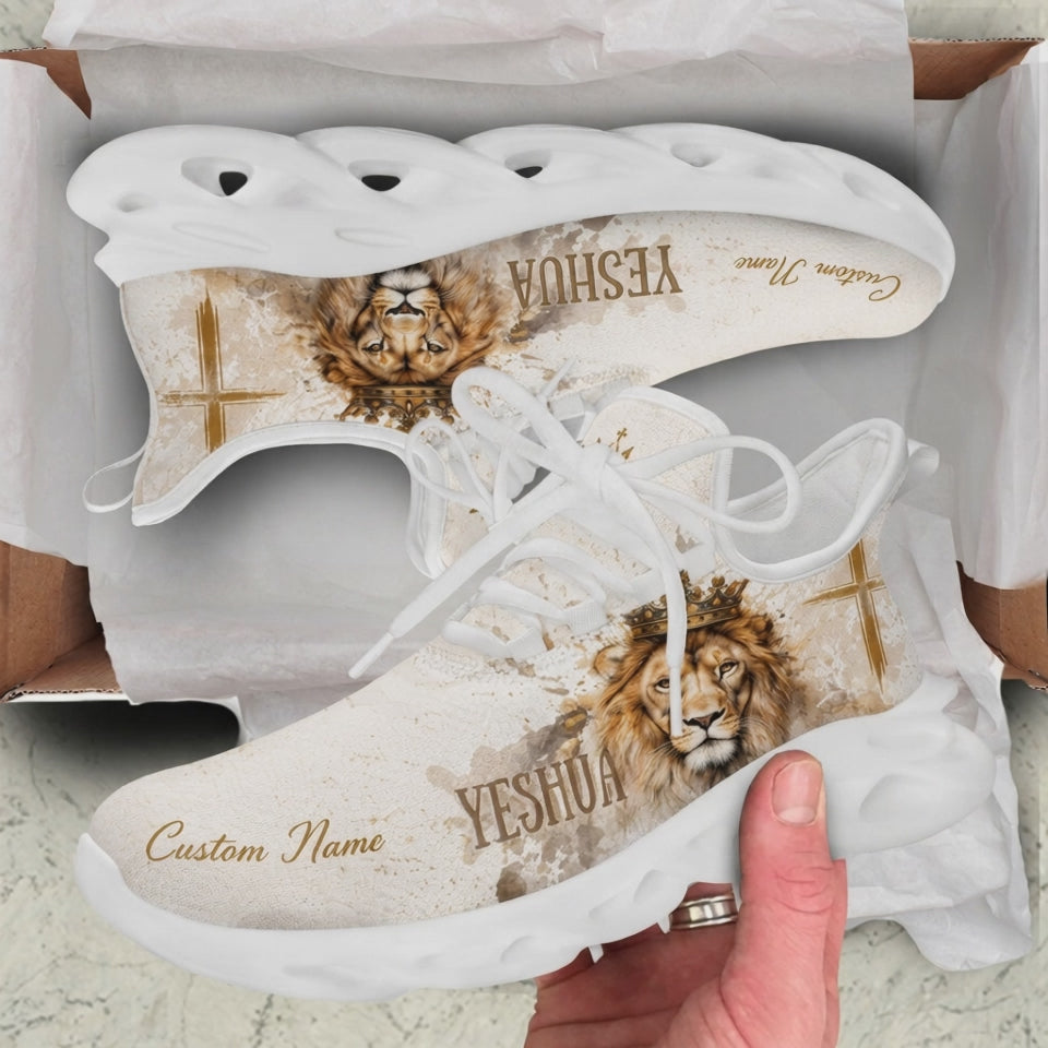 Product presentation video of Custom Name Yeshua Crowned Lion Of Judah Max Soul Shoes, demonstrating the beige watercolor canvas, golden cross elements, bold Yeshua typography, and personalizable name block
