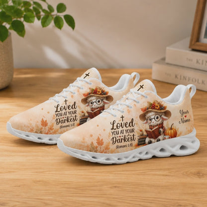 Product video showcase of Custom Name Romans 5:8 Max Soul Shoes highlighting fabric textures and custom name text