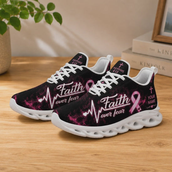 Product video showcase of Custom Name Faith Over Fear Breast Cancer Max Soul Shoes highlighting text customization