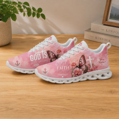 Product video showcase of Custom Name God Is Still Writing Your Story Max Soul Shoes highlighting fabric texture and custom name text