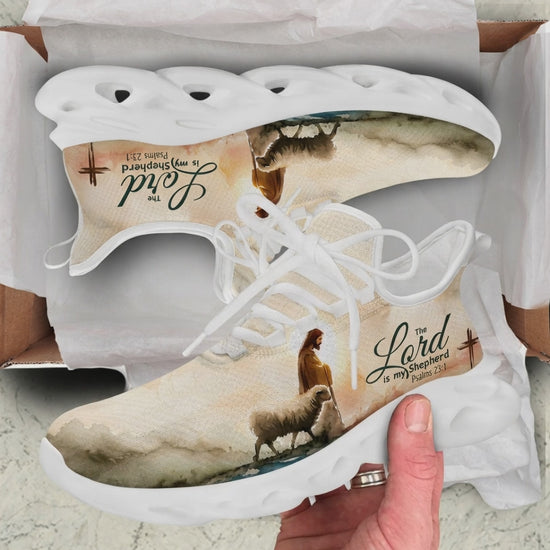 Product video showcase of Custom Name Psalms 23:1 The Lord Is My Shepherd Max Soul Shoes highlighting the soft watercolor texture palette, the Good Shepherd illustration, and the customizable name text panel