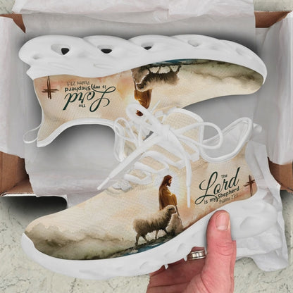 Product video showcase of Custom Name Psalms 23:1 The Lord Is My Shepherd Max Soul Shoes highlighting the soft watercolor texture palette, the Good Shepherd illustration, and the customizable name text panel