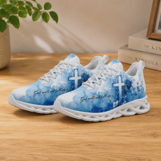 Product video showcase of Custom Name God Will Not Fall Floral Cross Max Soul Shoes highlighting text personalization