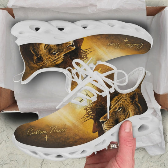 Product showcase video of Custom Name Lion of Judah Jesus Max Soul Shoes, demonstrating the gold sunburst texture, double exposure portrait of Christ with a crown of thorns and the lion, and the personalized name text field