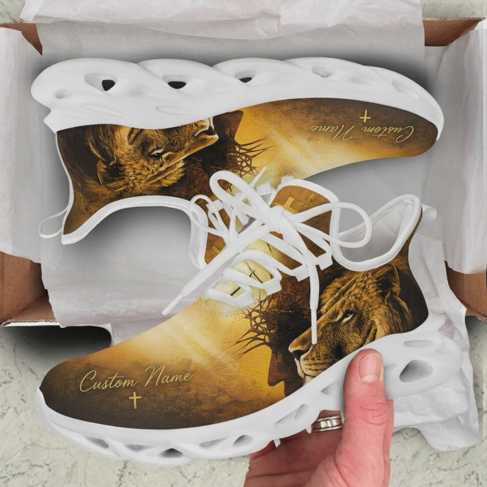 Product showcase video of Custom Name Lion of Judah Jesus Max Soul Shoes, demonstrating the gold sunburst texture, double exposure portrait of Christ with a crown of thorns and the lion, and the personalized name text field