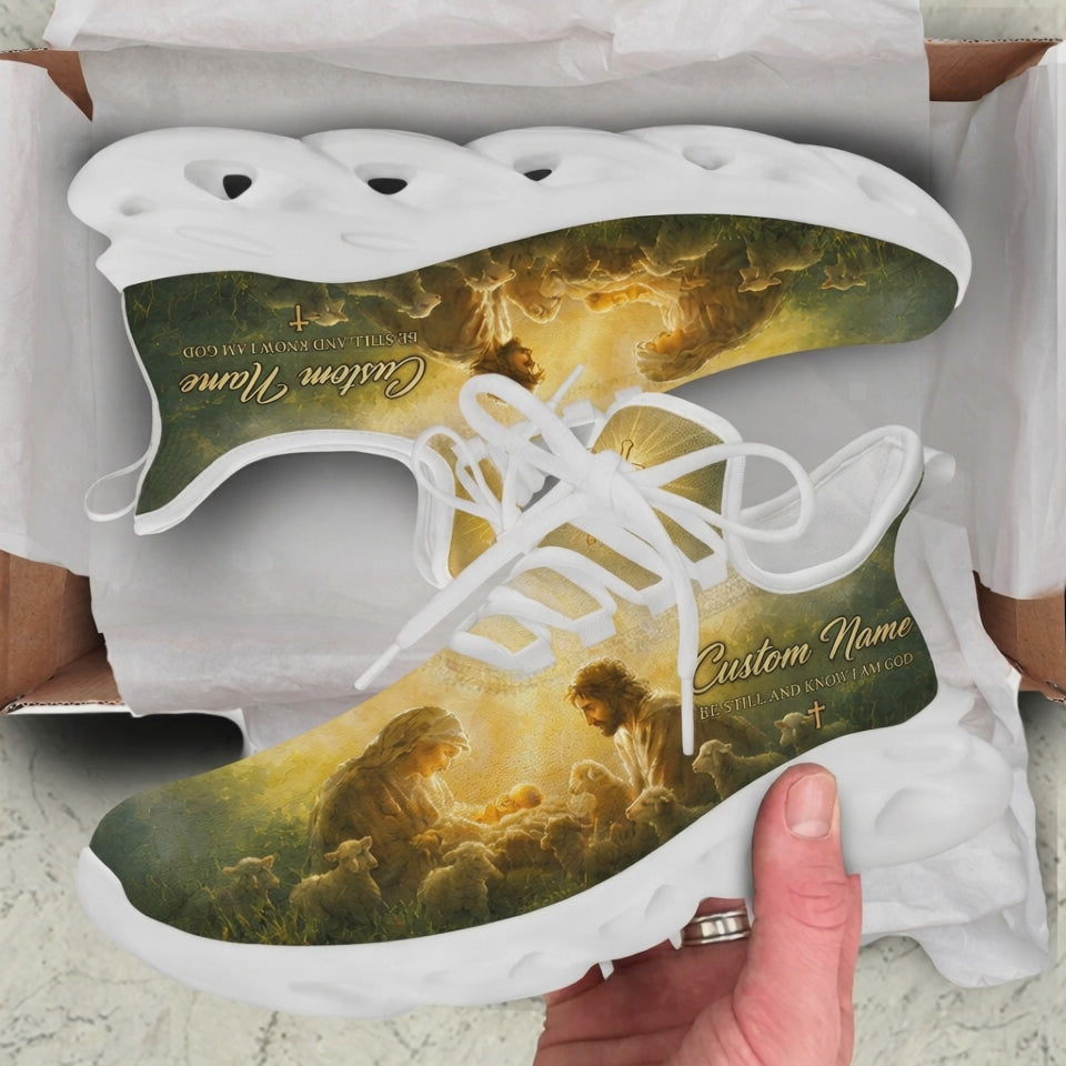 Product presentation video of Custom Name Be Still And Know I Am God Nativity Max Soul Shoes, demonstrating the glowing golden manager light, detailed Christmas Nativity artwork, scripture typography, and personalizable name block