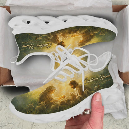 Product presentation video of Custom Name Be Still And Know I Am God Nativity Max Soul Shoes, demonstrating the glowing golden manager light, detailed Christmas Nativity artwork, scripture typography, and personalizable name block