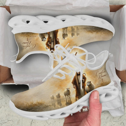 Product presentation video of Custom Name Psalms 23:1 The Lord Is My Shepherd Max Soul Shoes, demonstrating the golden watercolor textures, detailed Good Shepherd artwork, calligraphy typography, and personalizable text field