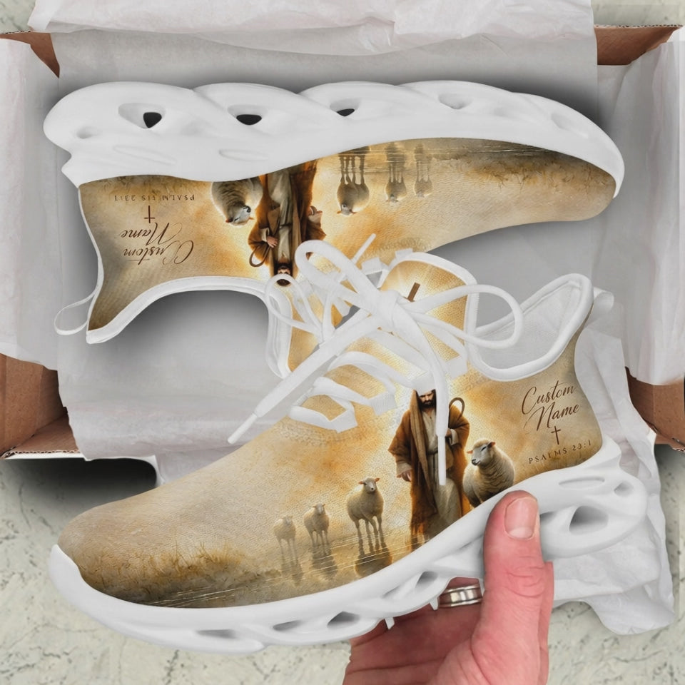 Product presentation video of Custom Name Psalms 23:1 The Lord Is My Shepherd Max Soul Shoes, demonstrating the golden watercolor textures, detailed Good Shepherd artwork, calligraphy typography, and personalizable text field