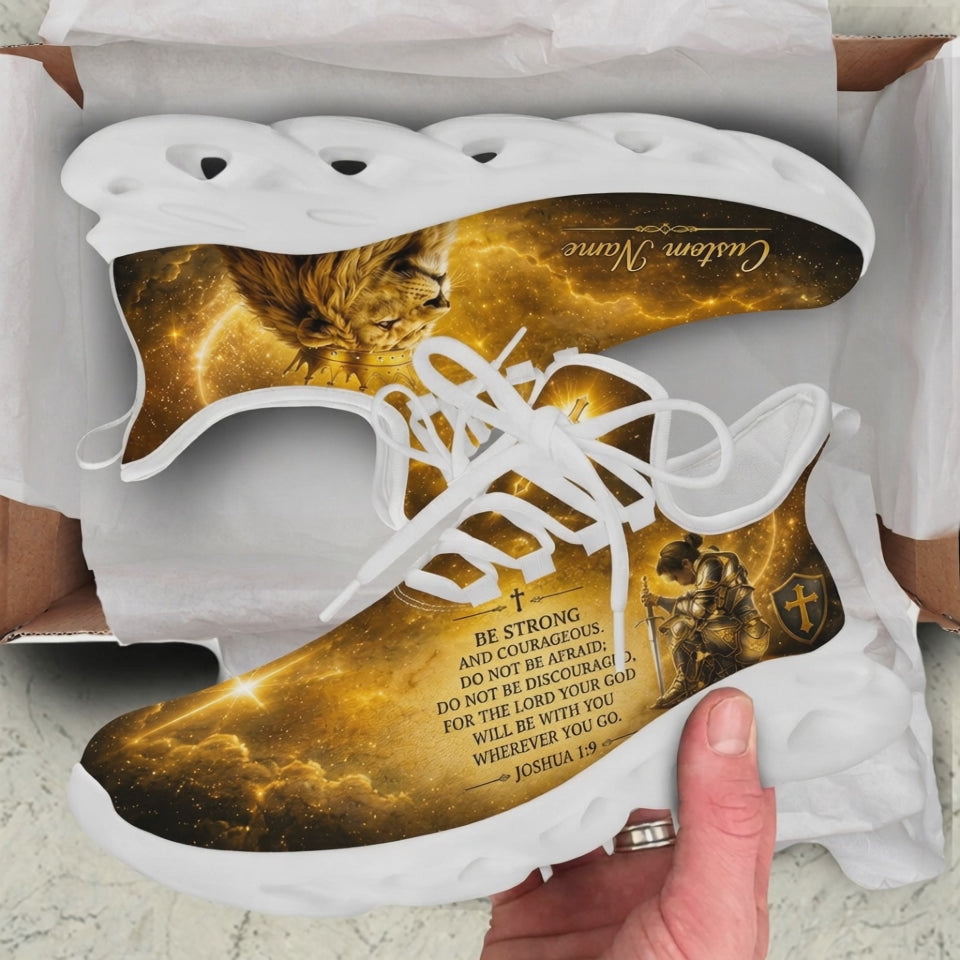 Product video showcase of Custom Name Joshua 1:9 Max Soul Shoes demonstrating the vibrant gold cosmic textures, crowned lion graphic, kneeling knight armor art, and the custom name text field
