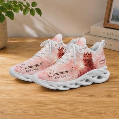 Product video showcase of Custom Name Emmanuel God With Us Max Soul Shoes highlighting fabric textures and custom name options